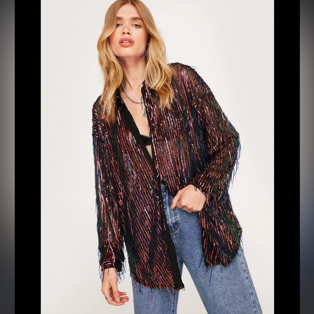 Nasty Gal Multicolor Sequin Button Down Shirt